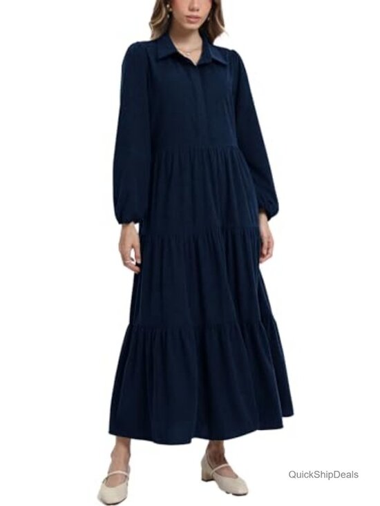 Dresses & Skirts - Women's Corduroy Maxi Dress Long Sleeve Button Down Tiered Flowy Fall Winter